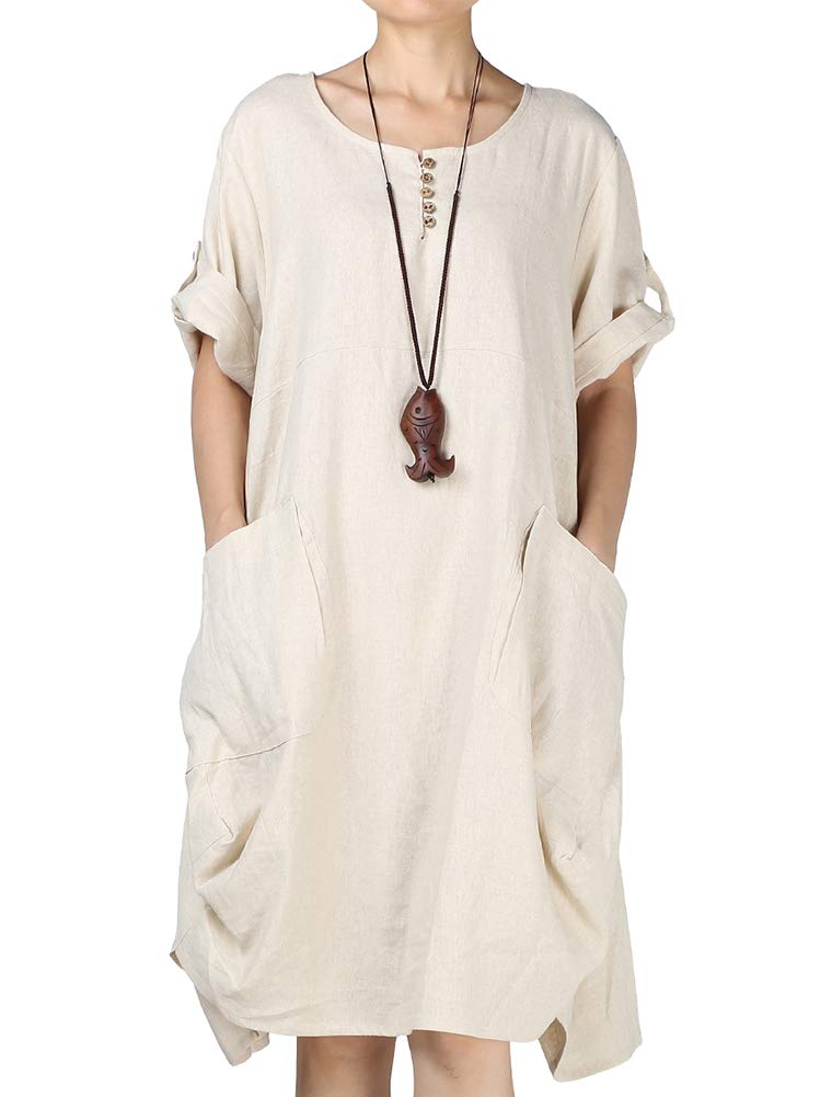 LaovanIn Women's Plus Size Tunic Dress Summer Cotton Linen T Shirt Knee-Length Dresses X-Large Beige - Image 1